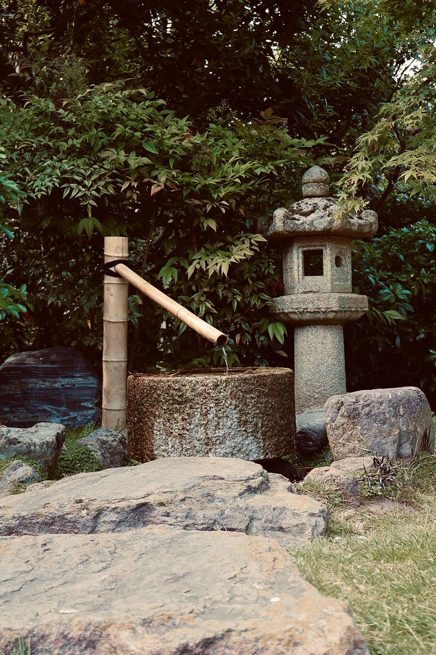 Traditional Japanese stone basin surrounded by moss and raked gravel